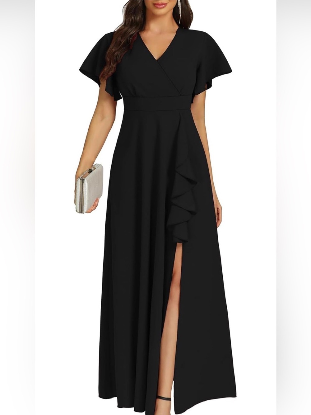 NWOT Black V-Neck Flutter-Sleeve Maxi Dress with Ruffle Slit, Medium